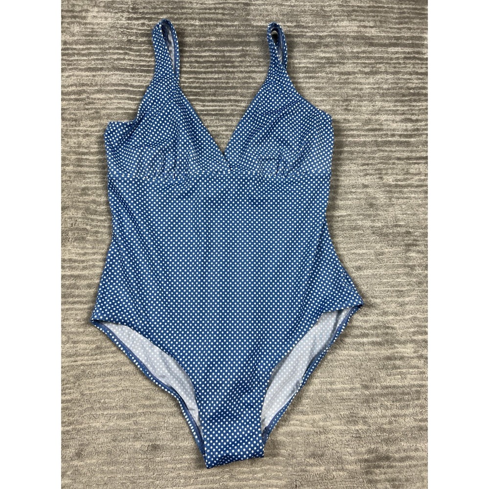 Islander Bathing Suit One Piece Womens 16 Blue Polka Dot Sleeveless Polyester
